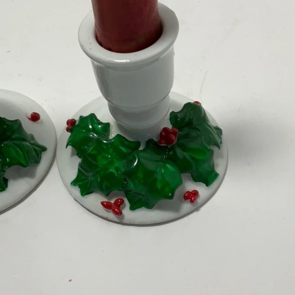 Vintage Christmas Holly & Berries Candleholders Set of 2